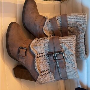 Not Rated Brown Knit Buckle Heeled Boots